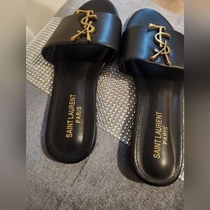 Saint Laurent Black Leather Slides with Gold YSL Logo